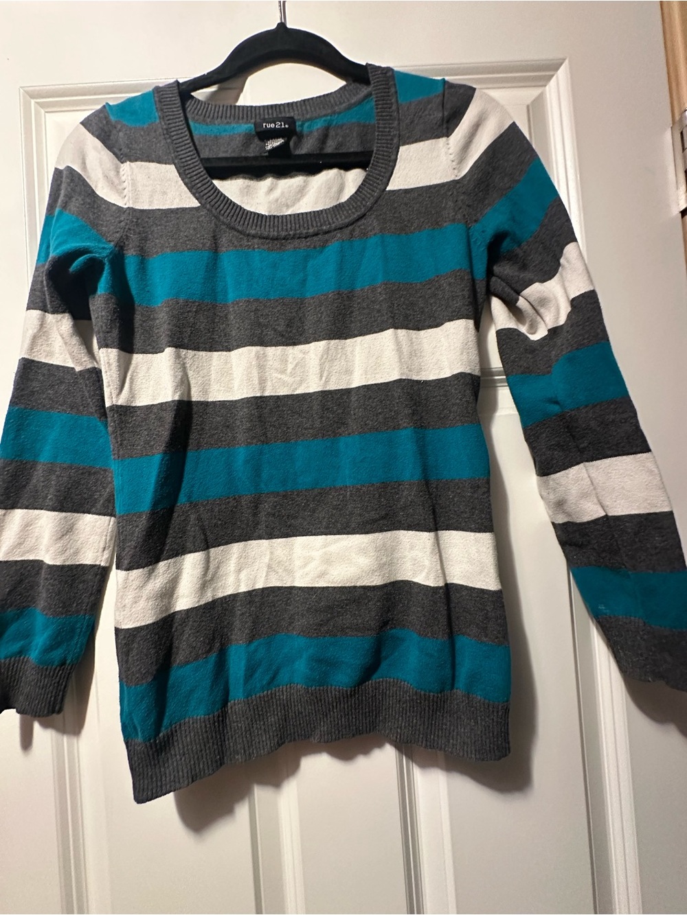 Rue21 Teal, Gray & White Striped Scoop Neck Sweater